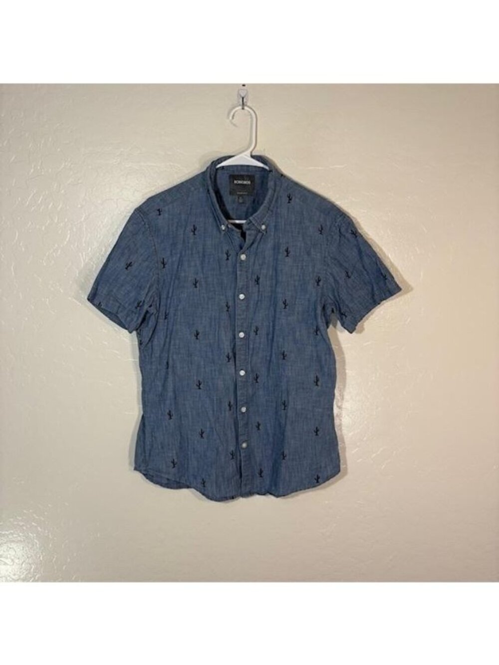 Bonobos Shirt Mens Large Blue Chambray Short Sleeve Button Down Cactus Pattern